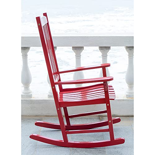 Merry Products Traditional Acacia Hardwood Rocking Chair with Tall Backrest, Curved Seat, and Wide Armrests for Outdoor or Indoor Use, Red