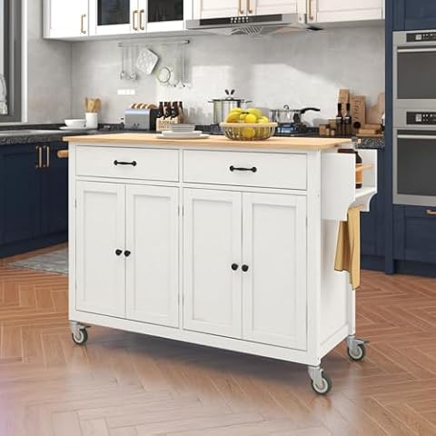 Domoku Large Kitchen Island Cart with Solid Wood Top and Locking Wheels, 54.3" Rolling Storage Cabinet with Drop Leaf Countertop, 4 Door Cabinet and 2 Drawers/Spice Rack/Towel Rack (White) Cover