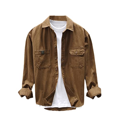 Rfmfkkg Camisa de manga larga marrón para hombre, camisas de algodón con puños para hombre, camisa de dos bolsillos para estar en casa