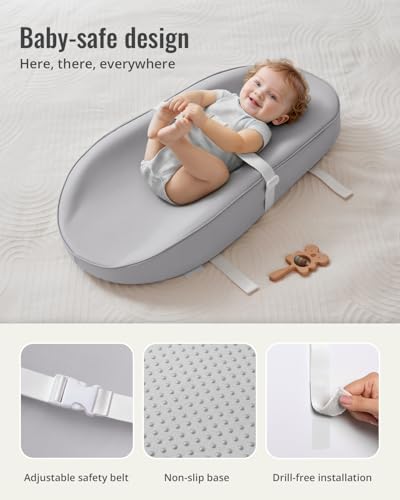 Image of Blissful Diary Vegan Leather Baby Changing Pad with Waterproof & Wipe-Clean PU Cover, Avocado Size Cozy Diaper Changing Pad for Dresser and Table, Light Gray