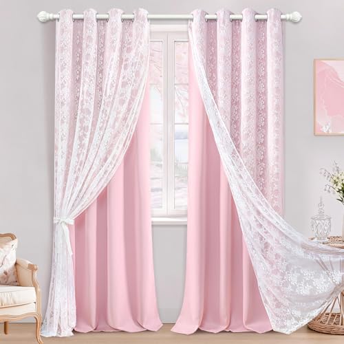 Image of Yinhua Pink Curtains for Girls Room Double Layer Blackout Curtains for Bedroom 96 Inches Long Nursery Curtain for Living Room, Grommet Drapes with Tiebacks, 52 inch W x 96 inch L