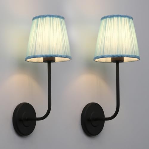 Image of Yosoan Pale Blue Lace Fabric Shade Wall Sconce Set of 2, Vintage Beige Boho Brass Retro Black Indoor Hardwired Vanity Vintage Wall Mounted Flared Fabric Shade for Bedroom Hallway Living Room