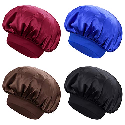 4pcs Wide Band Satin Bonnet Night Sleep Cap, Lystaii Satin Silk Sleeping Head Cover Comfortable Night Sleep Hat Soft Silky Hair Loss Cap Salon Hair Bonnet for Women Girls (4 Color #A)