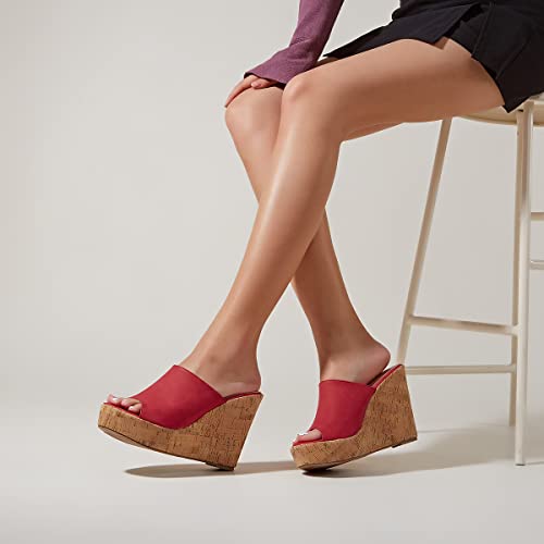 Image of LEHOOR Cork Wedge Mules for Women Platform Slide Sandals Peep Toe, High Wedge 4.5Inch Slippers Microfiber Suede 6-11 M US