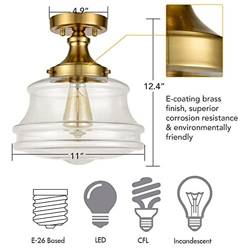 Jeenkae Modern Gold Semi Flush Mount Ceiling Light Brass Schoolhouse Glass Hallway Ceiling Lights, 11" W X 12.4" H #TOP4