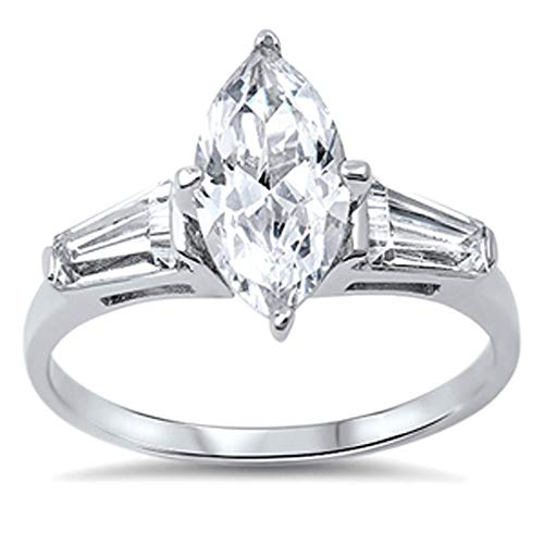 Sterling Silver Baguette Accent Marquise CZ Solitaire Engagement Ring 14MM (Size 5 to 10)