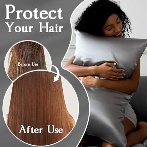 Image of Craftelio Satin Pillow Covers Set of 2 with 3 Free Random Color Hair Scrunchies - Anti-Frizz, Skin-Friendly, Soft & Durable Pillowcase Set for All Hair Types (Gray)