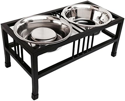 Baron Double Bowl Elevated Diner with Slow Feed Bowl - 10" Tall - Raised Feeder - Black - Pet Food and Water Bowls - Non-Skid Legs - Metal, Stainless Steel - Best Elevated Diner for Bloat