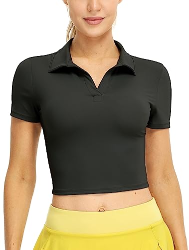 Image of icyzone Women's Cropped Short Sleeve Polo Shirts for Workout Golf Tennis (Black, S)