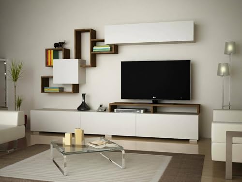 Dmora Parete attrezzata Thalassa, Composizione Soggiorno, Mobile Salotto Multiuso, Armadio Porta TV, 210x37h47 cm, Bianco e Noce