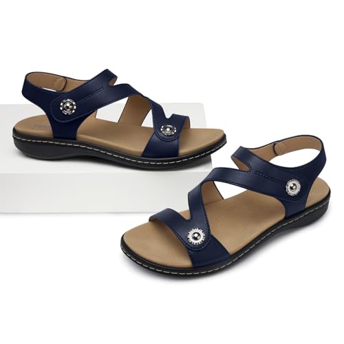 Image of TEMOFON Womens Sandals Dressy Summer: Open Toe Comfortable Walking Flat - Arch Support Flat Sandals Size 5-11