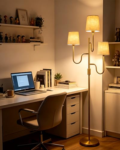 Image of 3-Light Gold Dimmable Floor Lamp with Linen Cone Shades, 3000K Warm White Standing Tall Lamp with Bulbs for Reading, Mid Century Modern Floor Lamp for Living Room Bedroom Sofa Corner Decor
