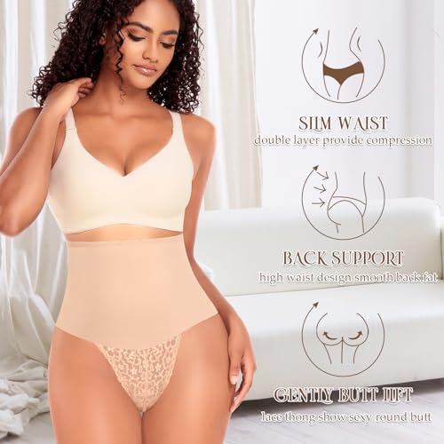Image of Werena Thong Shapewear for Women Tummy Control Seamless High Waist Body Shaper Underwear Shaping Panties(#344 Lace Beige, Small)