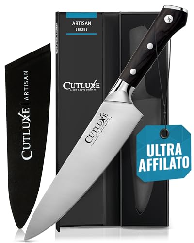 Cutluxe Coltello da Chef - 20cm Coltello da Cucina Professionale Con Guaina - Acciaio al Carbonio, Lama Affilata e Resistente - Artisan Series