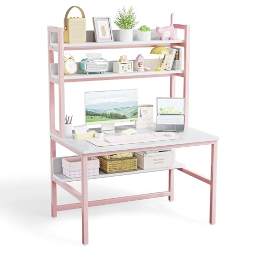 Aquzee Schreibtisch mit Regal, 120 cm Schreibtisch Aufsatz, Computertisch Teenager mit Regalen, PC Gaming Tisch Viel Stauraum, Platzsparend Große Arbeitsfläche Bürotisch für Arbeit und Studium, Rosa