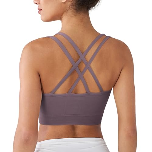 Image of WOYYHO Cross Back Sports Bra for Women Padded Medium Support Workout Bra | 3 Pack, Strappy, Removable Pads, Soft, Spaghetti Strap, Moisture-Wicking, Seamless, for Athletic Yoga Gym Fitness Daily