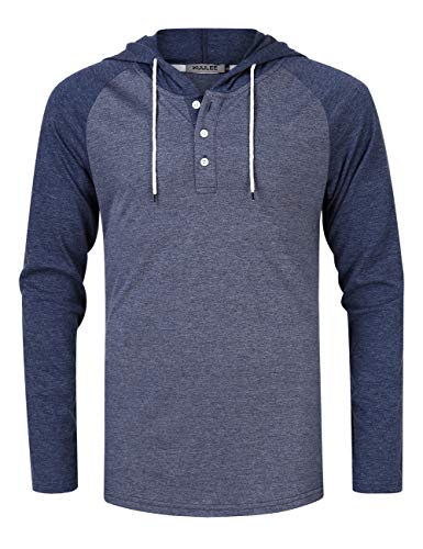 KUULEE Men's Long Sleeve Raglan Henley Jersey Hoodie Shirt Dark Blue L