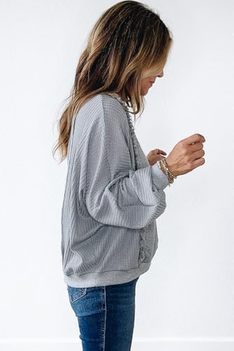 Light Grey Waffle Patchwork Long Sleeve Raw Hem Pullover Top4