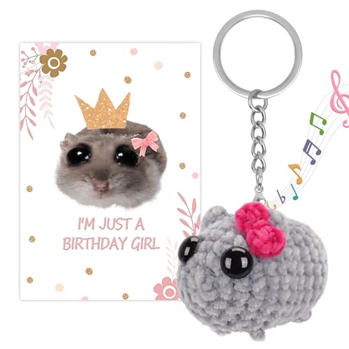 Dalycro Tiktok Sad Hamster Meme Bow Keychain with Sound Adorable Hand-Knitted Sad Hamster Plush with Gift Card for Women Girls Birthday