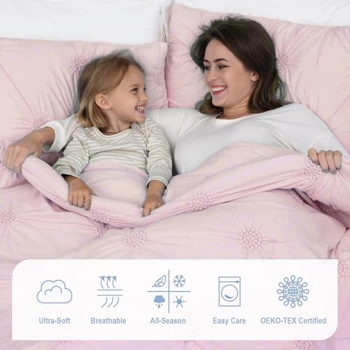 Image of Swift Home King Baby Pink Rose Blush Comforter Set - Ruched 3D Floral Pintuck Bedding Set - 3 Pieces Bed Linen, 1 Comforter and 2 Pillow Shams