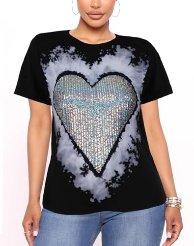 Image of PESION Womens Short Sleeve T-Shirt Sequined Tops O-Neck Funny Graphic Tees Blouse