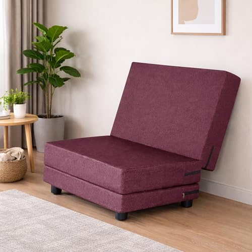 Image of Leg Sofa Cum Bed Single Seater | Foldable Floor Sofa Bed with Jute Fabric | Space Saving Convertible with Sturdy Legs for Living Room & Guest Room - Red