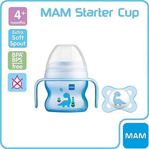 MAM Starter Cup and MAM Handles with 0+ Months Start Soother, Baby Cup for 4+ months, Baby Feeding, 1x 150 ml, Blue (Designs May Vary)