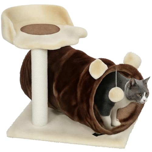 PawHut Árbol Rascador para Gatos - Torre con Túnel, Nido, Plataformas, Bola de Juguete y Poste de Yute Marrón Oscuro - Altura 47 cm