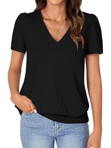 KIFOVEN Women’s Casual Short Sleeve V Neck T Shirt Summer Banded Bottom Loose Fit Tunic Tee Shirt Top