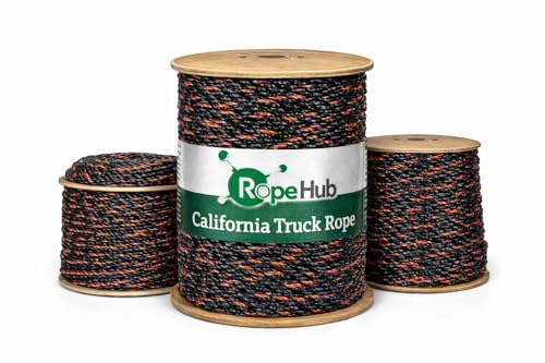 RopeHub California Truck Rope-Twisted 3-Strand Polypropylene Rope for Cargo Securement, Tie-Downs, Truck & Trailer Use-Black with Orange Tracer- 3/8" to 3/4", 10 ft to 600 ft ((#)3/8 inch x 100 feet)