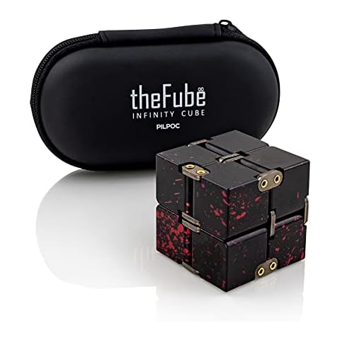 PILPOC theFube Infinity Cube Fidget Desk Toy - Premium Quality Aluminum Infinite Magic Cube with Exclusive Case, Sturdy, Heavy, Relieve Stress and Anxiety, for ADD, ADHD, OCD (Black Red) Cover