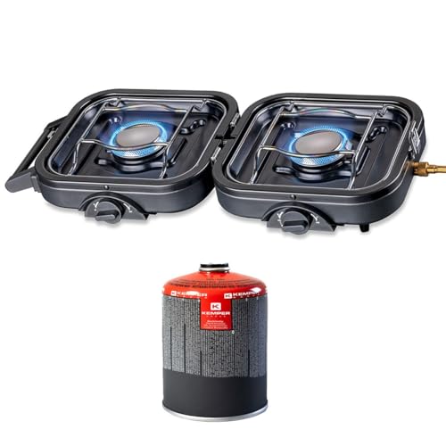 KEMPER - Réchaud gaz Pliable 2 Feux 4600 W Bruleurs INOX + Cartouche de gaz 7/16