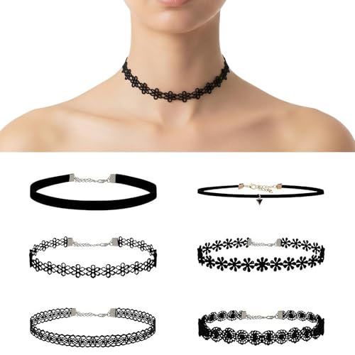 NTSDD 6 Pcs Black Choker Necklaces Black Velvet Choker Set Classic Gothic Tattoo Lace Chokers,Adjustable Lace Choker Necklace For Women