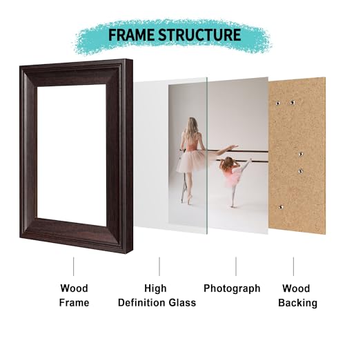 Image of iRahmen 5x7 Picture Frame Set of 4, Dark Brown Rustic Retro Photo Frame with Real Glass, 5 x 7 Frames for Wall Mount and Tabletop Display