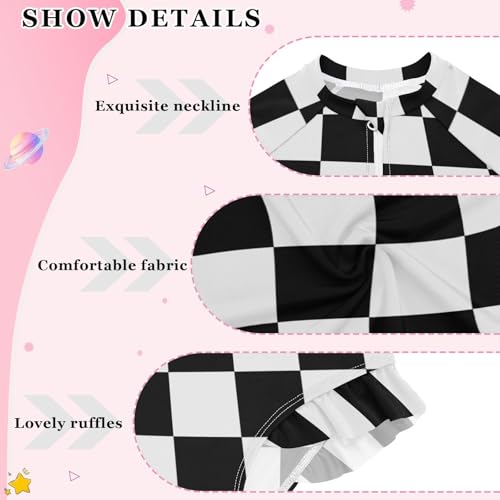 Girls One Piece Swimsuits Long Sleeve Swimsuit Zipper Bathing Suits White Black Buffalo Plaid Checked3