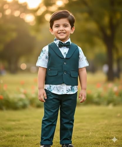 Image of Baby Boys Formal 3 Piece Suit Set with Shirt Matching Pant, Waistcoat & Bow Tie Kids Outfit, Stylish Dress for Toddler & Little Boys, Comfortable Designer Clothing Set