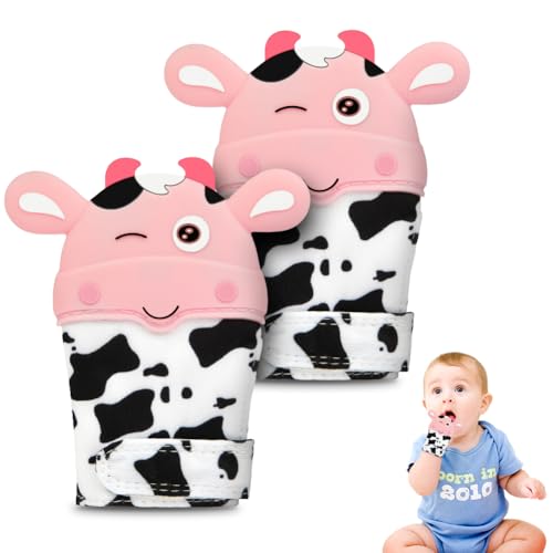 Image of 2Pack Silicone Teething Mitt, Cow Baby Teething Toy for 0-6 6-12 Months, Food Grade Silicone Infant Teething Mitten, BPA-Free Baby Chew Toys for Pain Relief, Sucking Needs