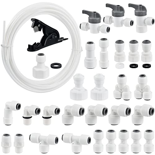 30pcs Water Inlet Pipe Universal Connector Set, FOROREH 10 Meters Fridge Hose, RO Water Filter Fitting, 1/4 (6mm) Pushfit Straight Connector for Water Pipe (Y+T+I+L Type Combo + Shut-Off Valve)
