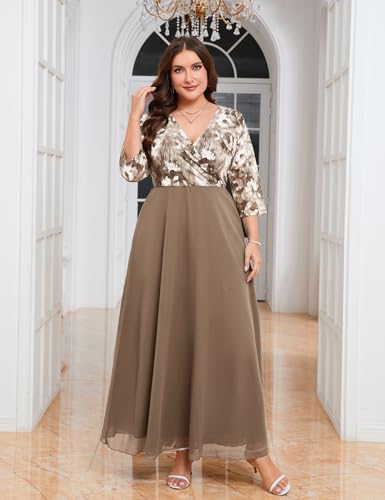 Image of ZOMVA Plus Size Maxi Formal Dress Lace Chiffon Floral V-Neck Wrap Wedding Guest Evening Gown Cocktail Prom 3 /4 Sleeves