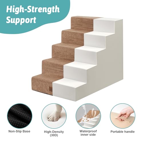 Image of COZY KISS Dog Stairs for Small Dogs 5-Step, 19.7 inch Extra Wide Right-Angle Pet Stairs for Couch and Beds, Anti-Slip Dog Steps for Old Cats and Lowrider, 19.7x29.5x23.6 inch, Light Brown