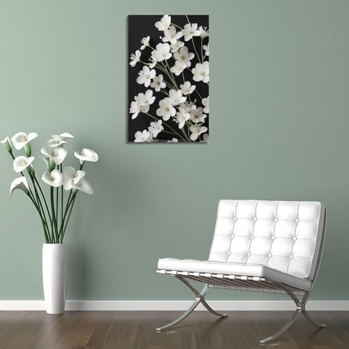 Décoration murale fleurs blanches tableau salon noir et blanc