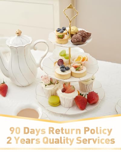 DUJUST Luxury Porcelain 3-Tier Cupcake Stand Tower, British Style Serving Tray with Golden Trim, Food Grade Dessert Display Stand, Beautiful Gift for Tea Party & Home Décor - Image 7