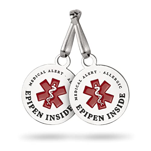 BreezyPacks EpiPen Bag tag (2 Units) | Medical Alert tag for Bag| Durable, Double-Sided Metal Tags | 3cm / 1.25 inch Diameter | Clips onto Any Zipper