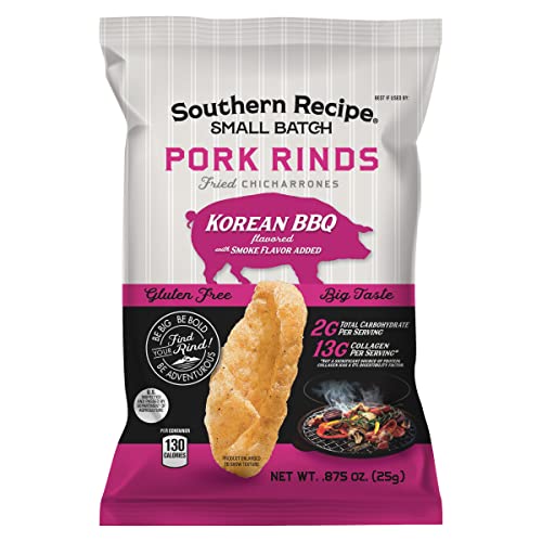 Southern Recipe Small Batch Pork Rinds | Korean BBQ Chicharrones | Keto Friendly & Low-Carb | 0.87oz Snack Bag (Pack of 21)