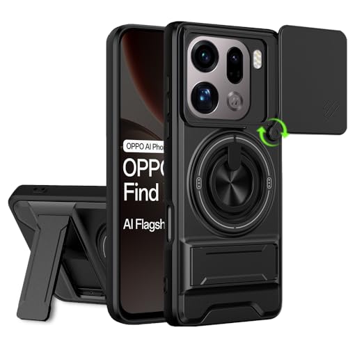 Image of AESTMO Oppo Find X9 Pro 5G Back Cover | Armor Camera Slider 360 Degree Rotating Finger Ring Holder Case with Bracket Stand Back Case Cover (Compatible with MagSafe Accessories) (Black)