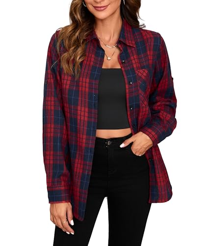 Stamain Flanellhemd Damen Karierte Bluse Langarm Baumwolle Karohemd...