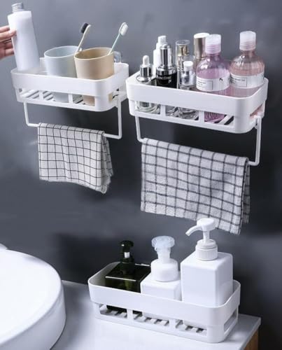 Image of TEKCOOL Wall Shelves Kitchen Bathroom Shelf Self-Adhesive Sticker Hook Multipurpose Wall Holder Bathroom Storage Rack Box Strong Shower Rack Shelf (Set of 2 Bath Self and 1 Towel) - Plastic