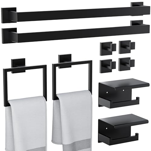 HAWKROWN 10-Pieces Bathroom Hardware Set, SUS304 Stainless Steel Wall Mounted 16 Inch Towel Bar, Toilet Paper Holder, Towel Hooks, Bathroom Towel Bar Set (Matte Black (Type 2), 10 Piece-16 inch)