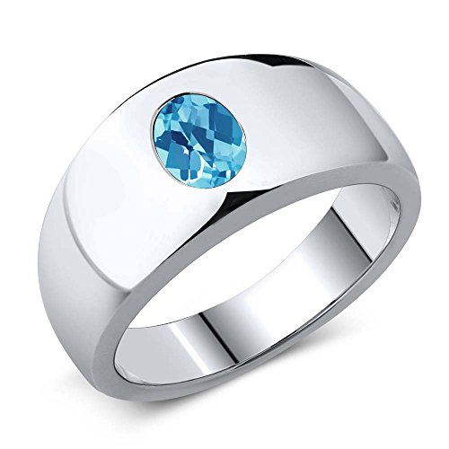 Gem Stone King Men's 925 Sterling Silver Oval Checkerboard Swiss Blue Topaz Ring (1.30 Cttw, Gemstone Birthstone, Available In Size 7, 8, 9, 10, 11, 12, 13)