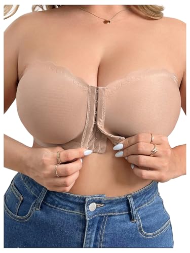 Image of MakeMeChic Women's Plus Size Strapless Bras Front Closure Half Push Up Bra Bandeau Wireless Bralette for Large Bust
